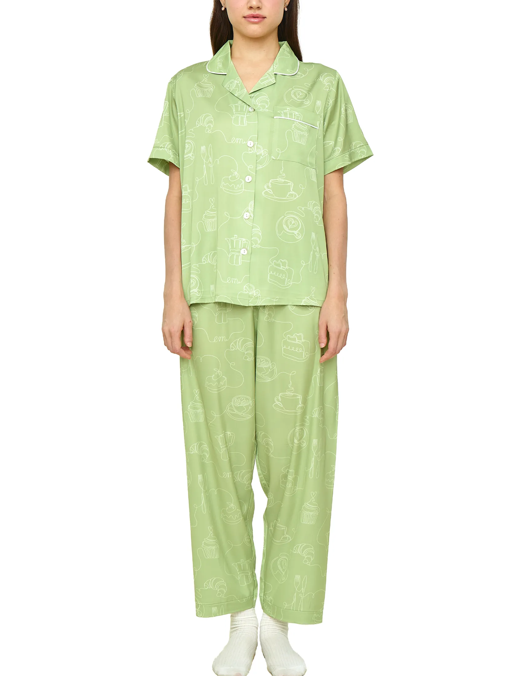 WACOAL Women Sleepwear Collection CAFE  CATION short sleeved, long legged , Coffee Print pattern Green