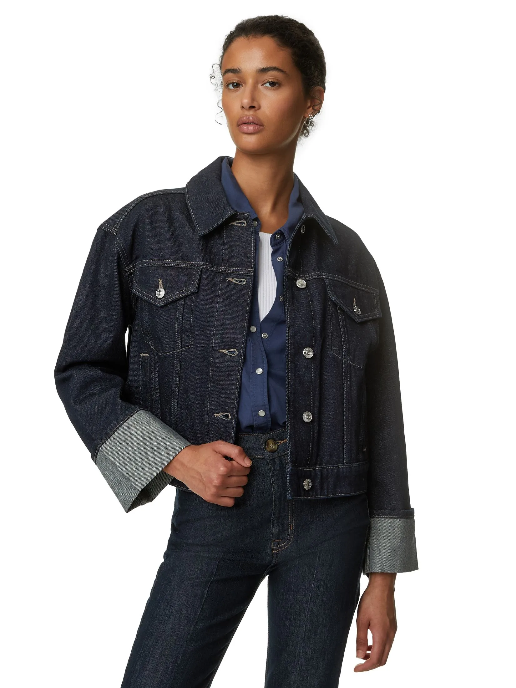 MARKS & SPENCER Women Jacket Denim Turn Up Cuff Dark Indigo