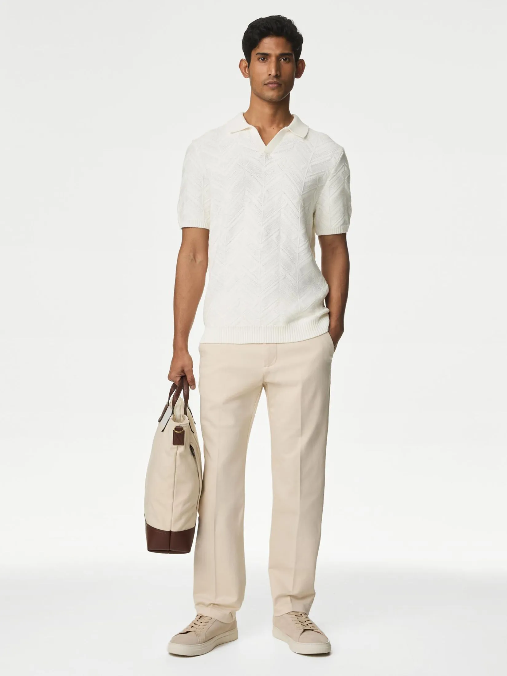 MARKS & SPENCER Men Polo Shirt Cotton Rich Open Neck Knitted Ivory