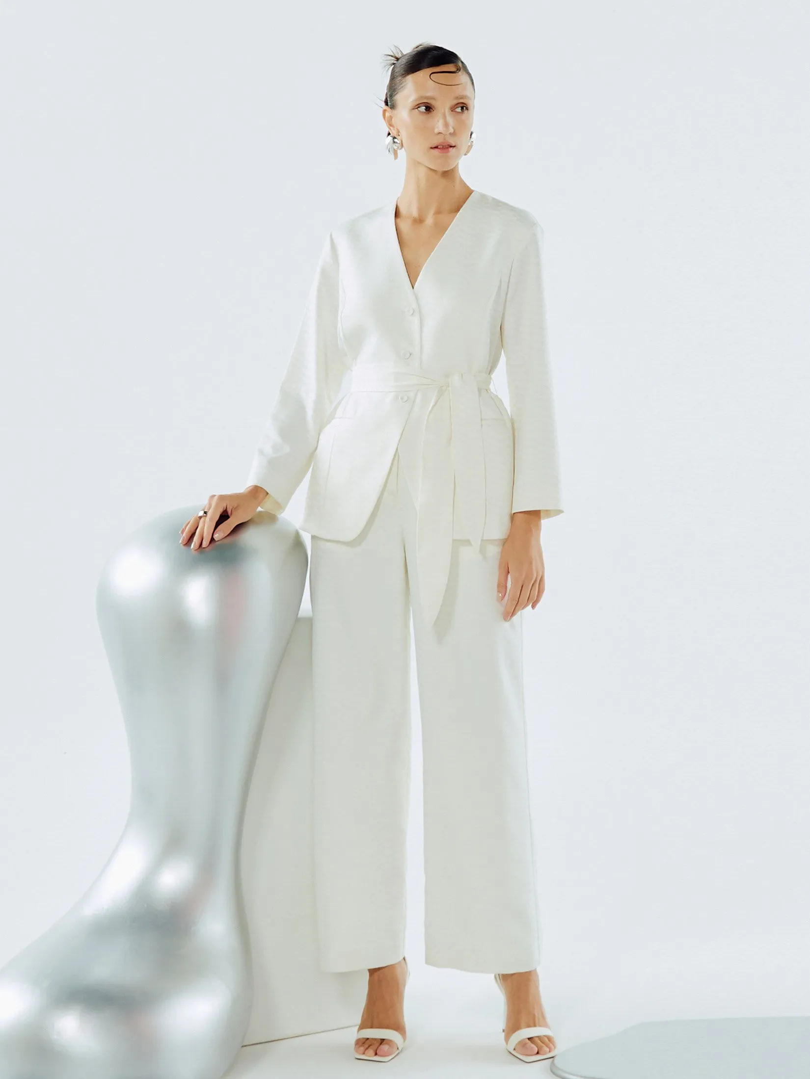 SHAKA Woman Blouse Satin Jacquard V-neck White