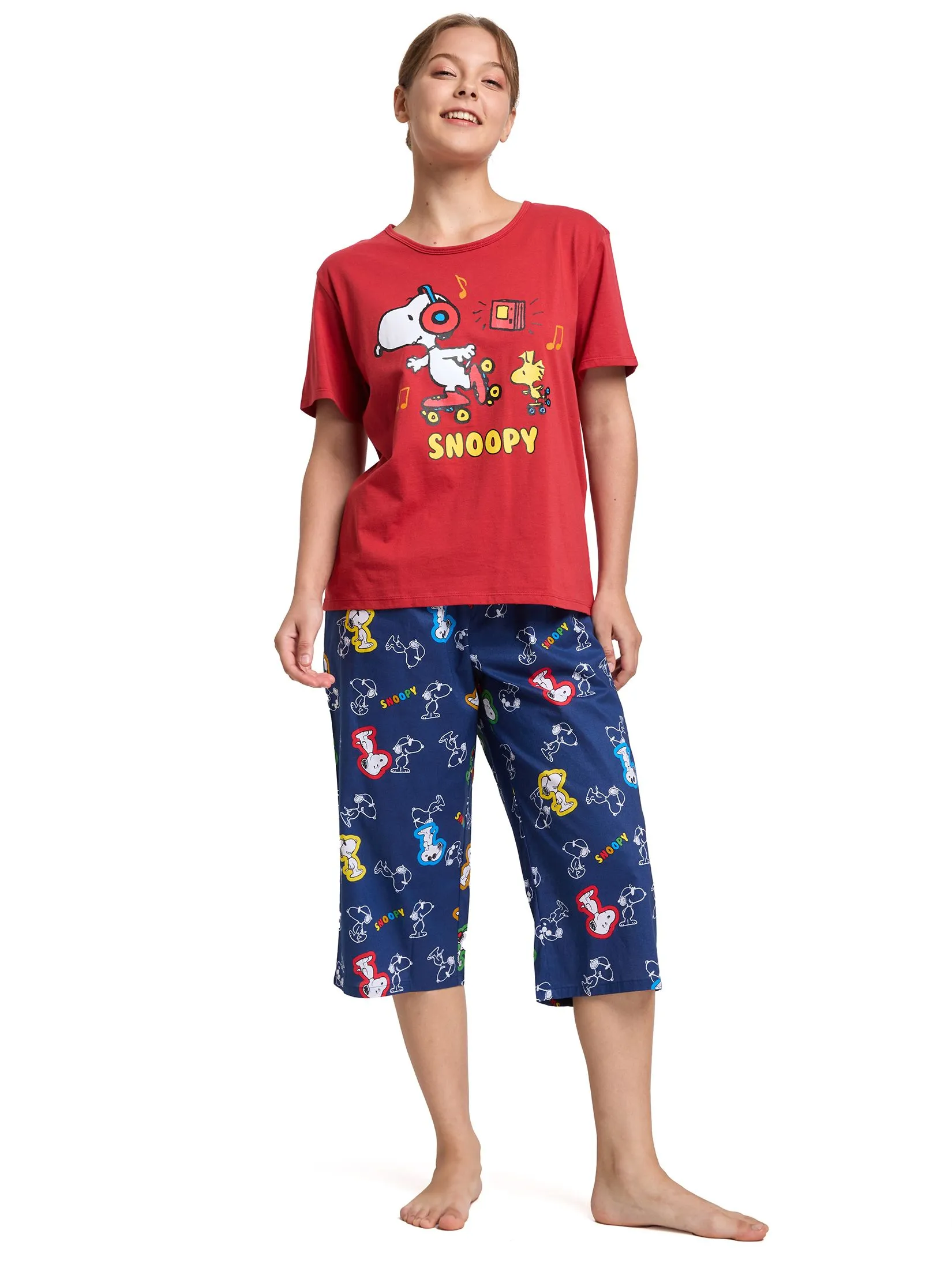 SWEET SENSATIONS Women Pyjamas Set Short Sleeves T-Shirt + Crop Pants Snoopy Print Dark Blue