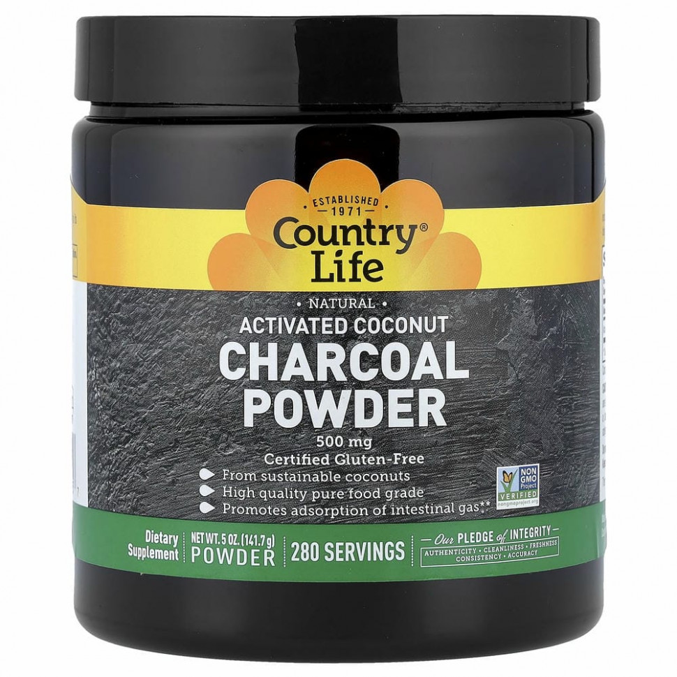 Country Life, Natural Activated Coconut Charcoal Powder, 500 mg, 5 oz (141.7 g)
