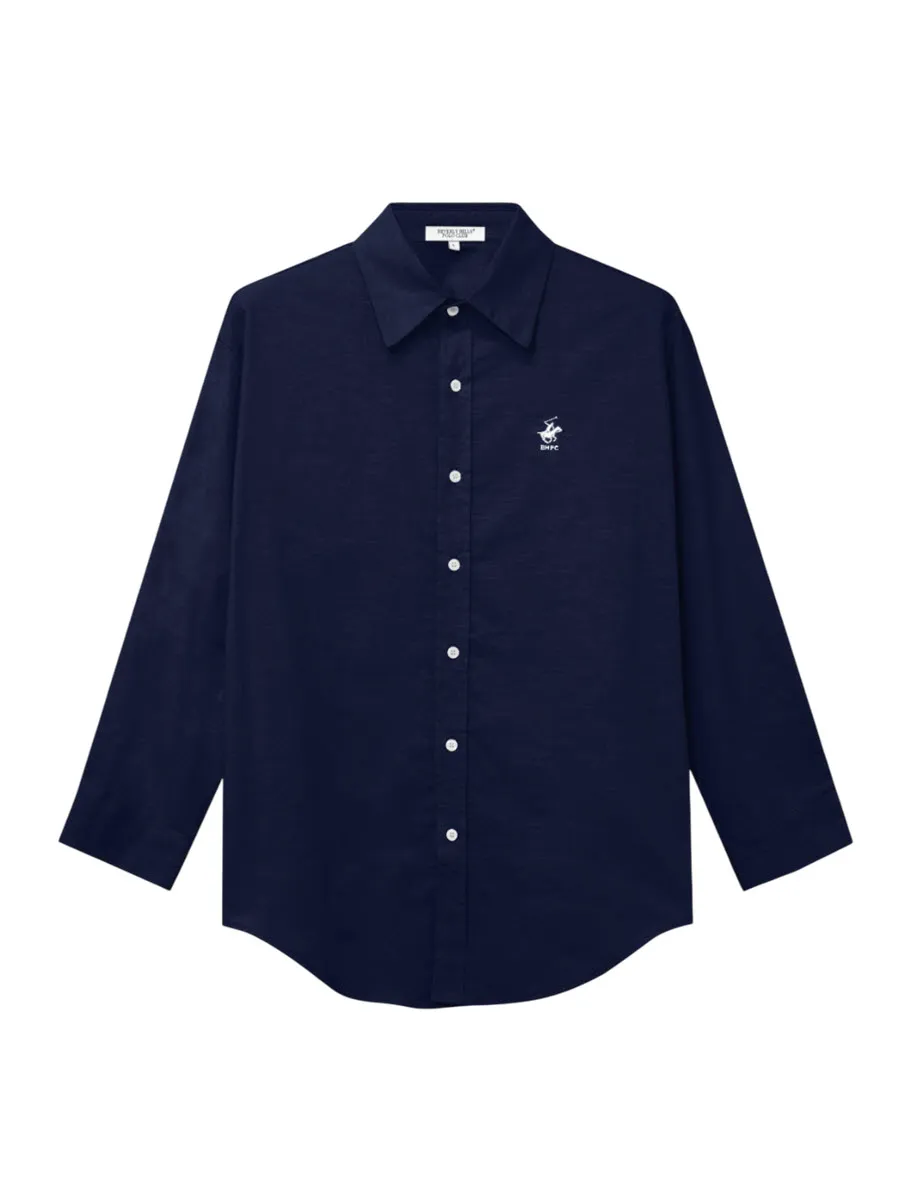 BEVERLY HILLS POLO CLUB Women Cotton Linen Relax Fit Shirt Long Sleeve, Light Blue