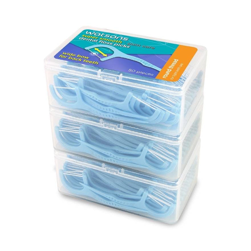 Watsons Super Smooth Round Thread Wide Bow Dental Floss Picks 50s x 3 Boxes.