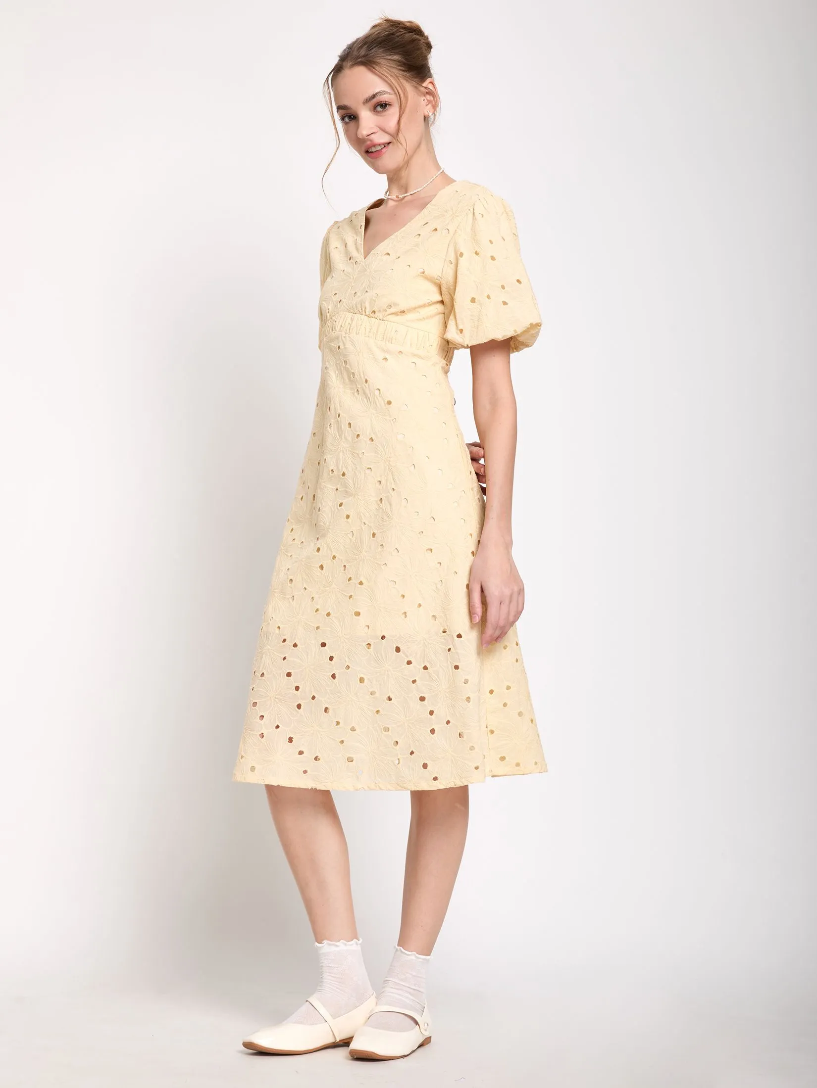 LOLITA Women Midi Dress V-Neck With Puff Sleeves Eyelet Lace