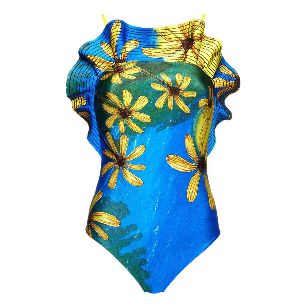 ANGELYS BALEK BLUE FLOWER PRINT RUFFLE WOMEN SWIMSUIT