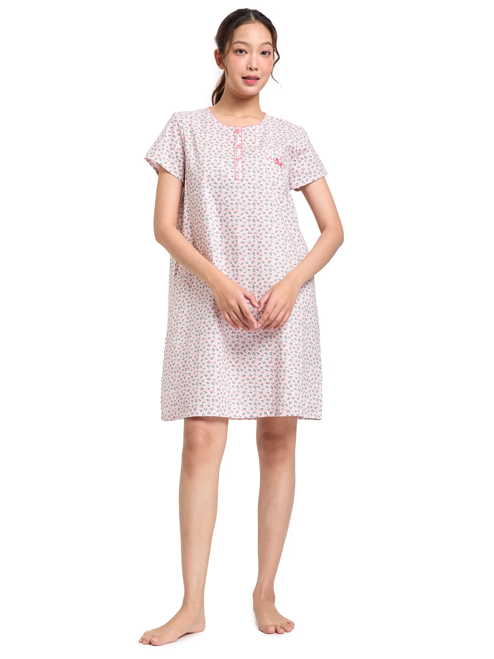 CLAUDIA'S ROMANCE Women Pyjamas Dress Short Sleeves Crew Neck Print Pink Size - L