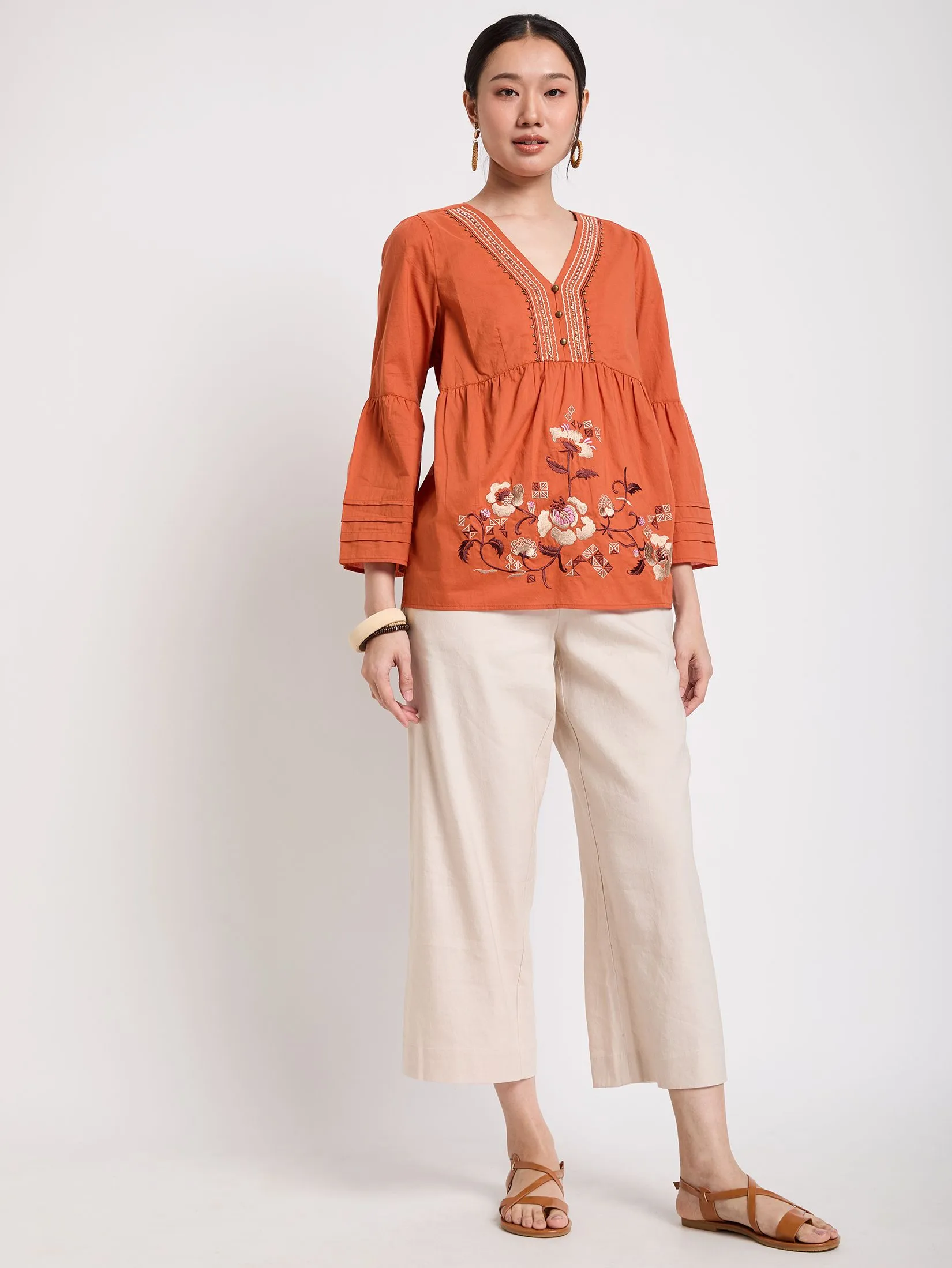 JOURNAL Women Blouse Long Sleeves V-Neck Embroidered