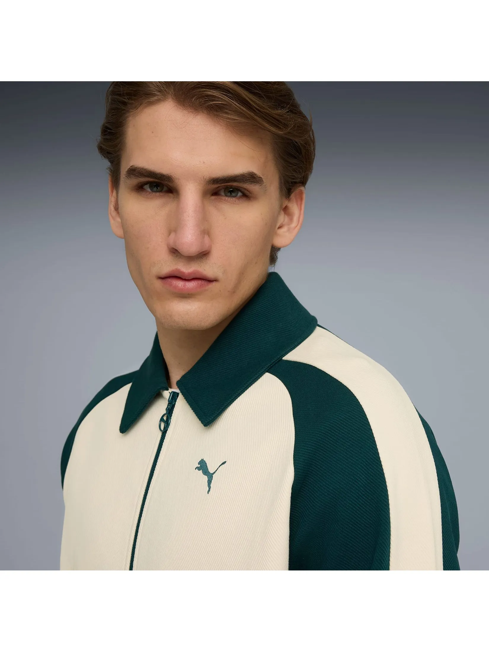 PUMA Unisex Track Jacket T7 Relaxed Wing Collar Alpine Snow-Green Terrain