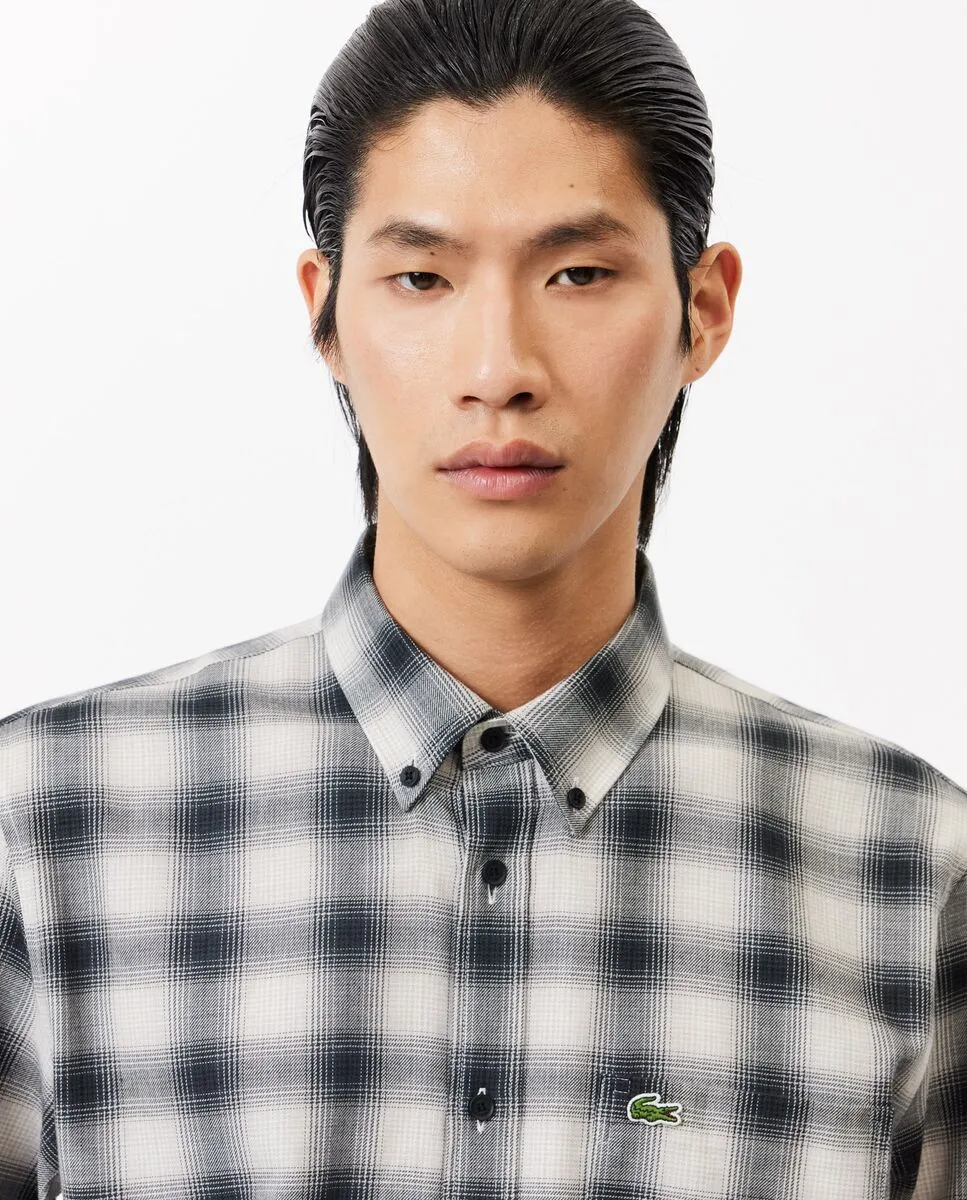 LACOSTE Regular Fit Cotton and Wool Plaid Shirt Black