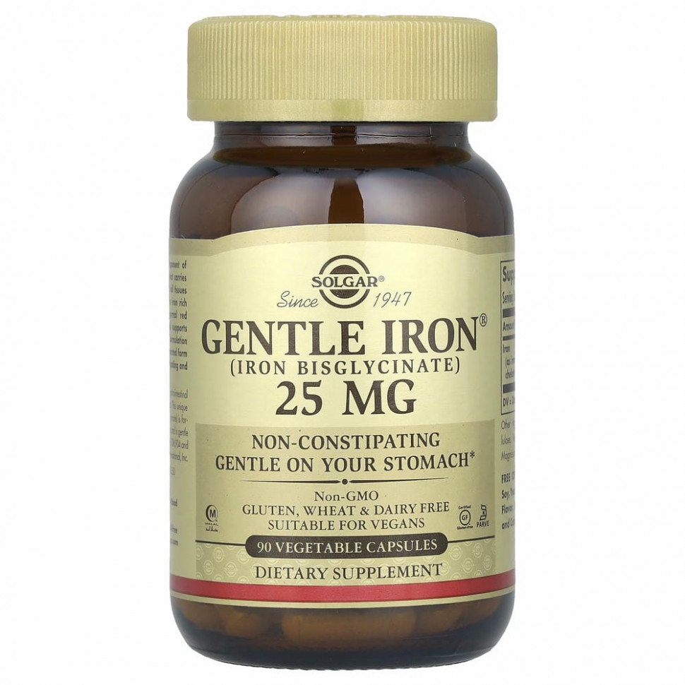 Solgar, Gentle Iron, 25 мг, 90 растительных капсул