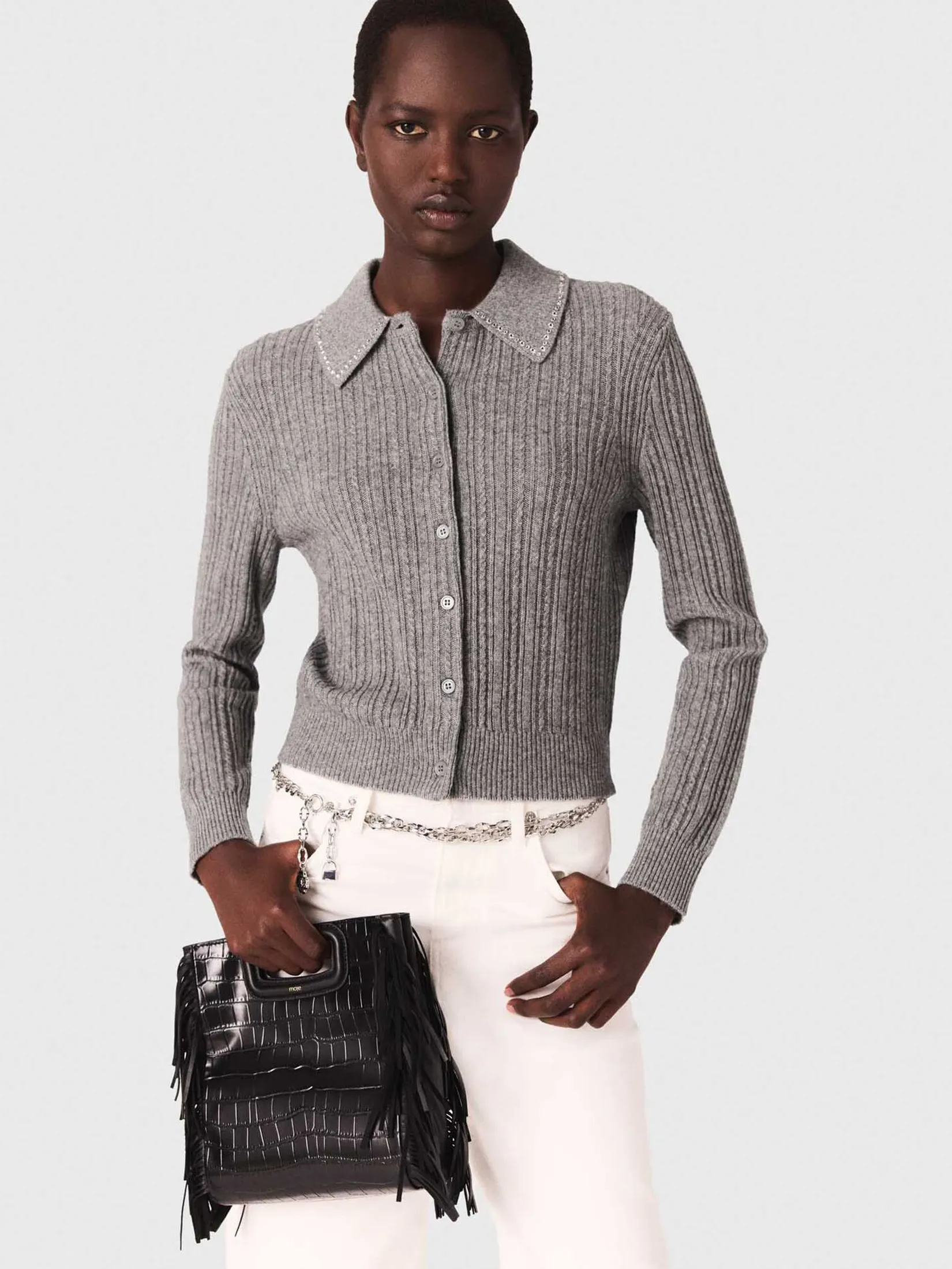 MAJE Women Cardigan Rhinestone Collar