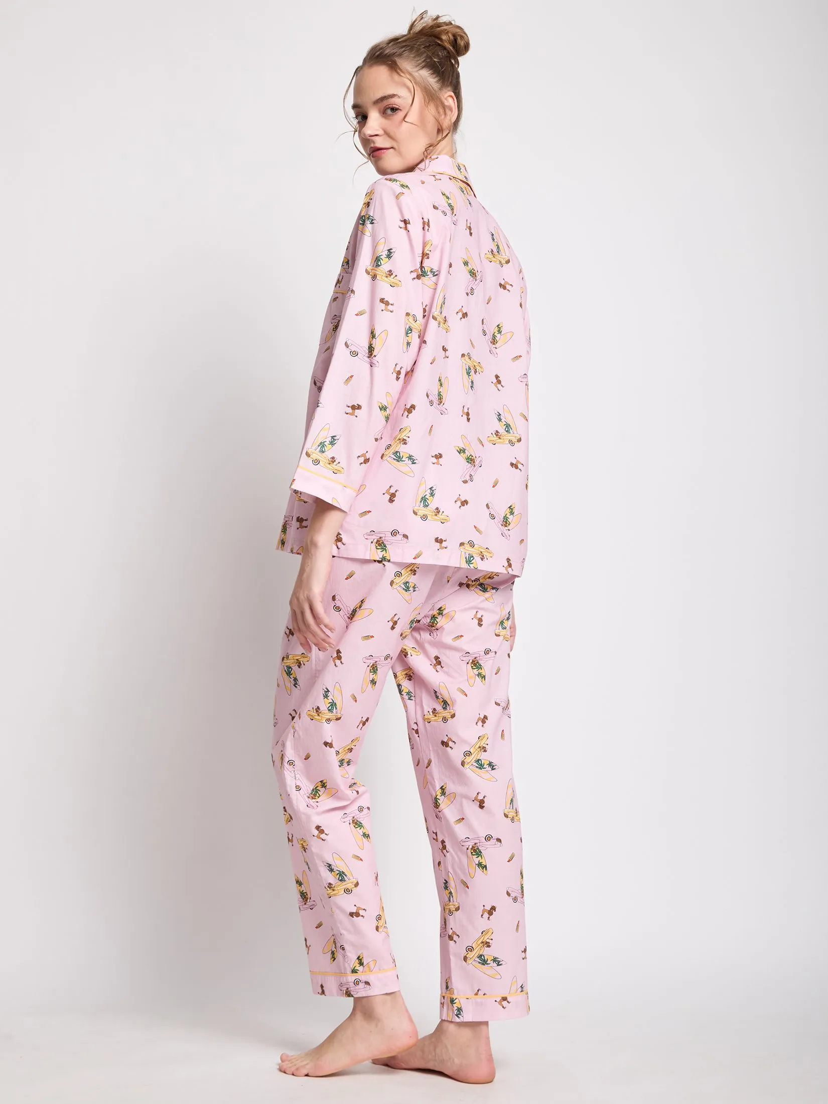 FOF Women Pyjamas Shirt Long Sleeves Collar Neck + Pants Print Light Pink