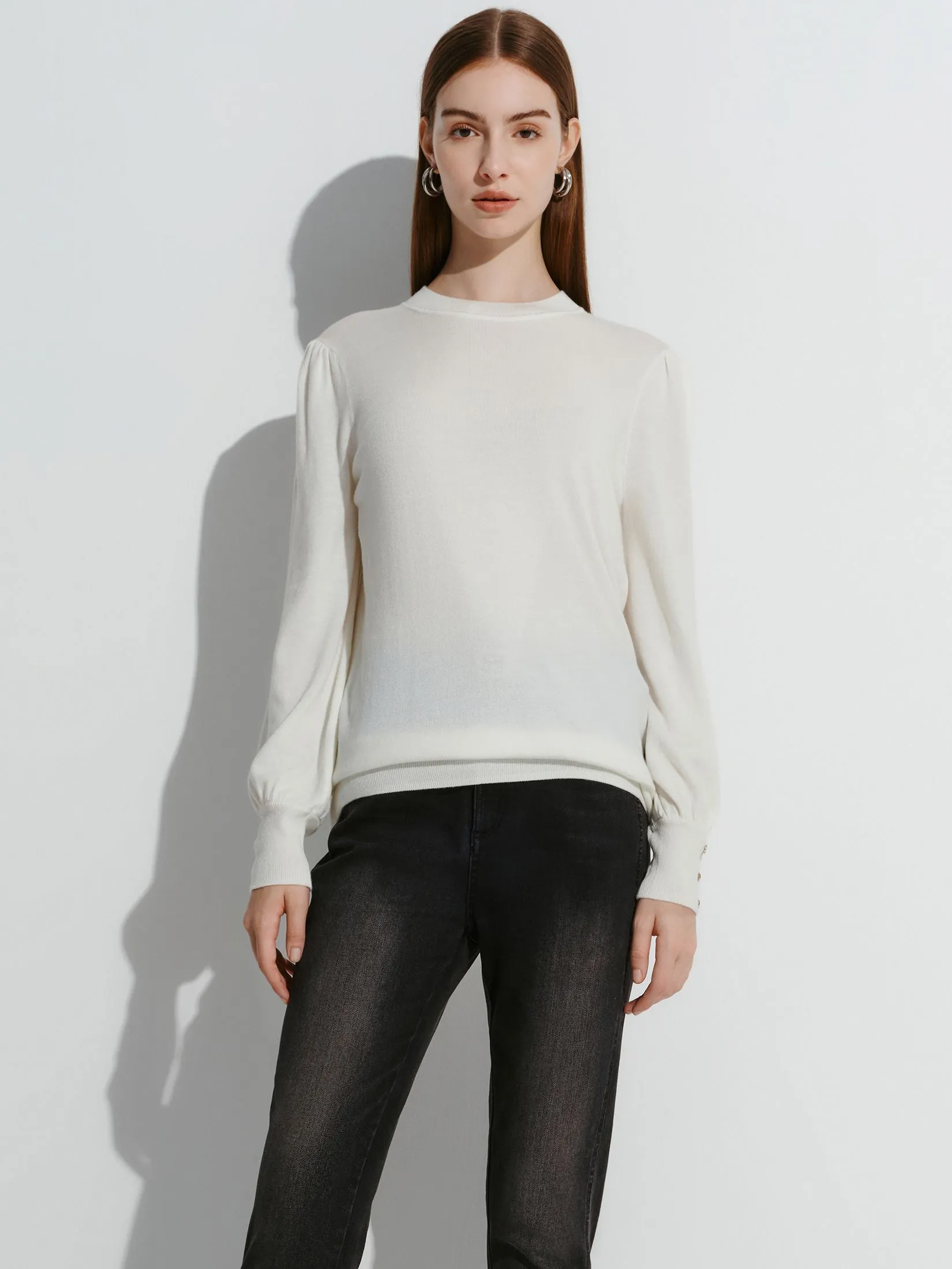 G2000 Women Clothing Crew Neck Puff Sleve Sweater Top Regular Fit - Off-White