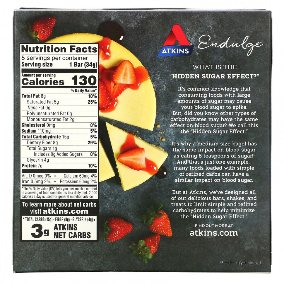 Atkins, Endulge, клубничный чизкейк, 5 батончиков, по 34 г (1,2 унции) каждый