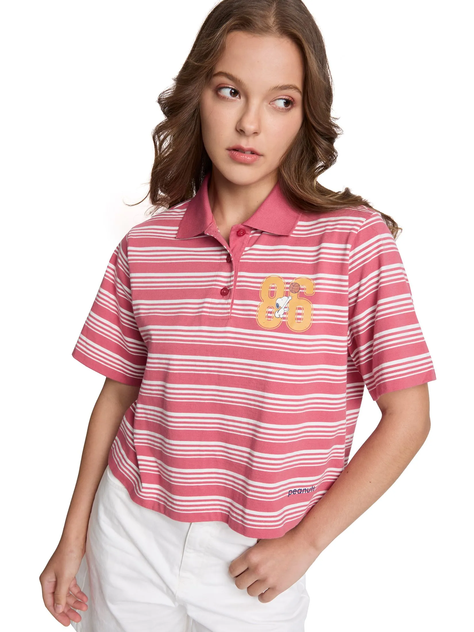 DEFRY 01 Women Polo Shirt Short Sleeves Snoopy Print Orange