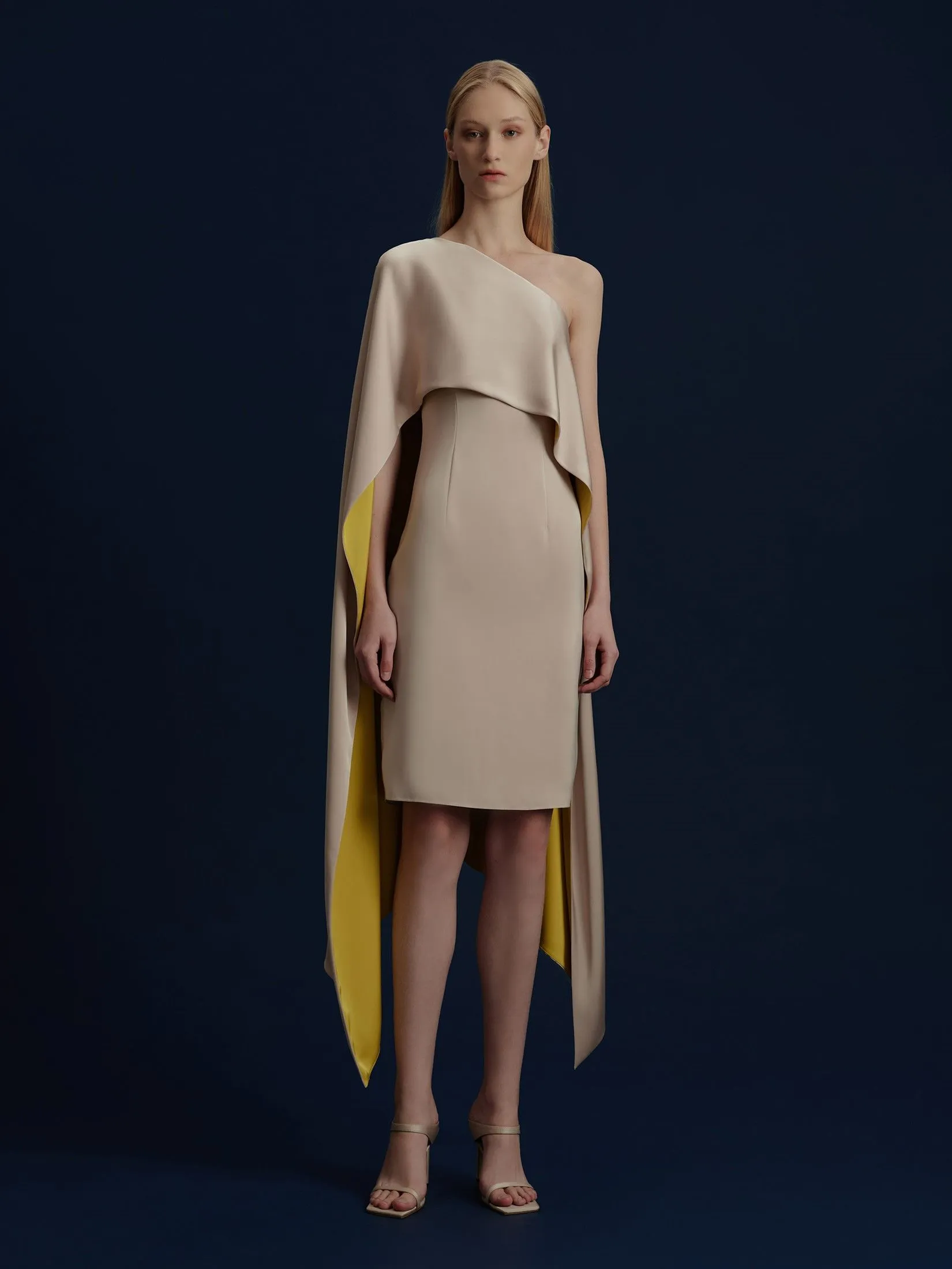 ASAVA ( AW24 ) Isha One-Shoulder Cape Women Dress Beige