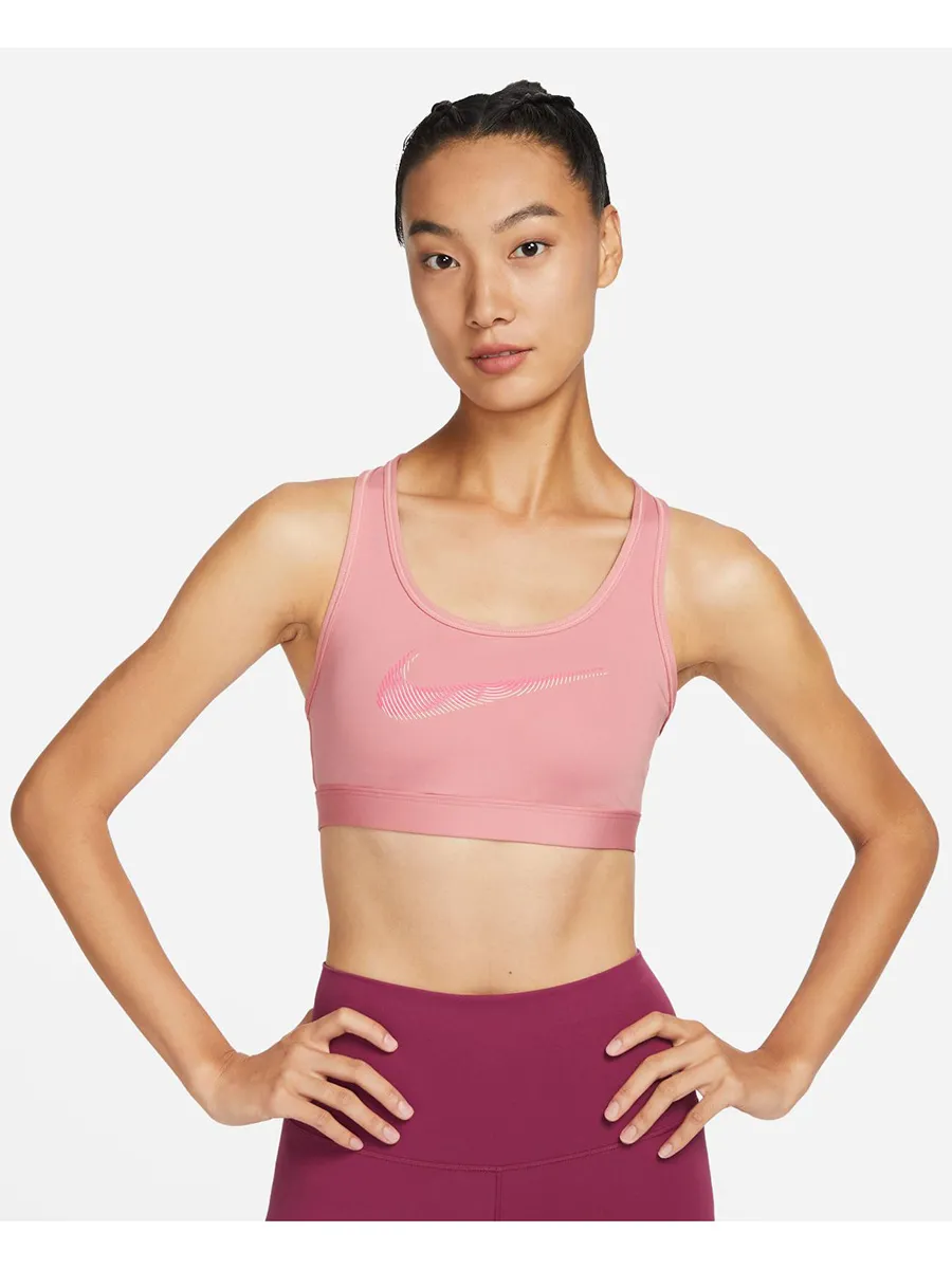 NIKE Women Sports Bra Swoosh Medium Support Red Stardust/Guava Ice/Laser Fuchsia