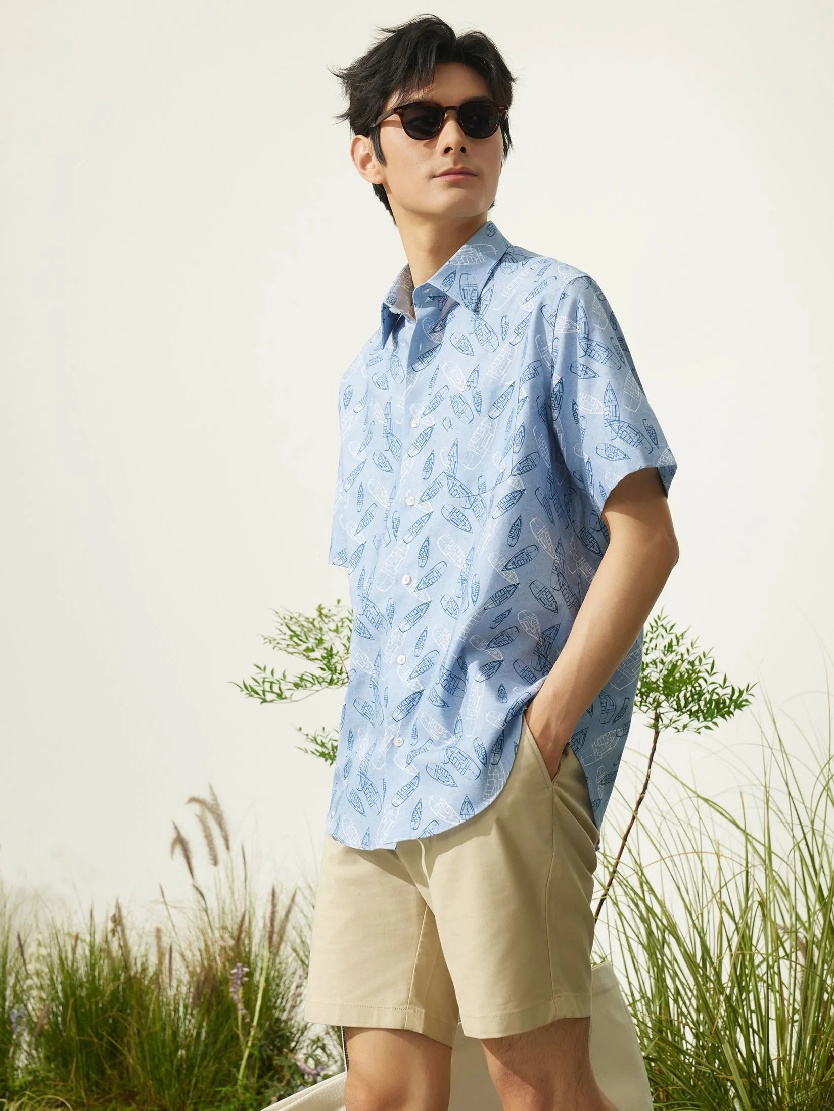 G2000 Men Clothing Cotton Digital Print Oxford Short Sleeve Casual Shirt  Comfort Fit - Blue