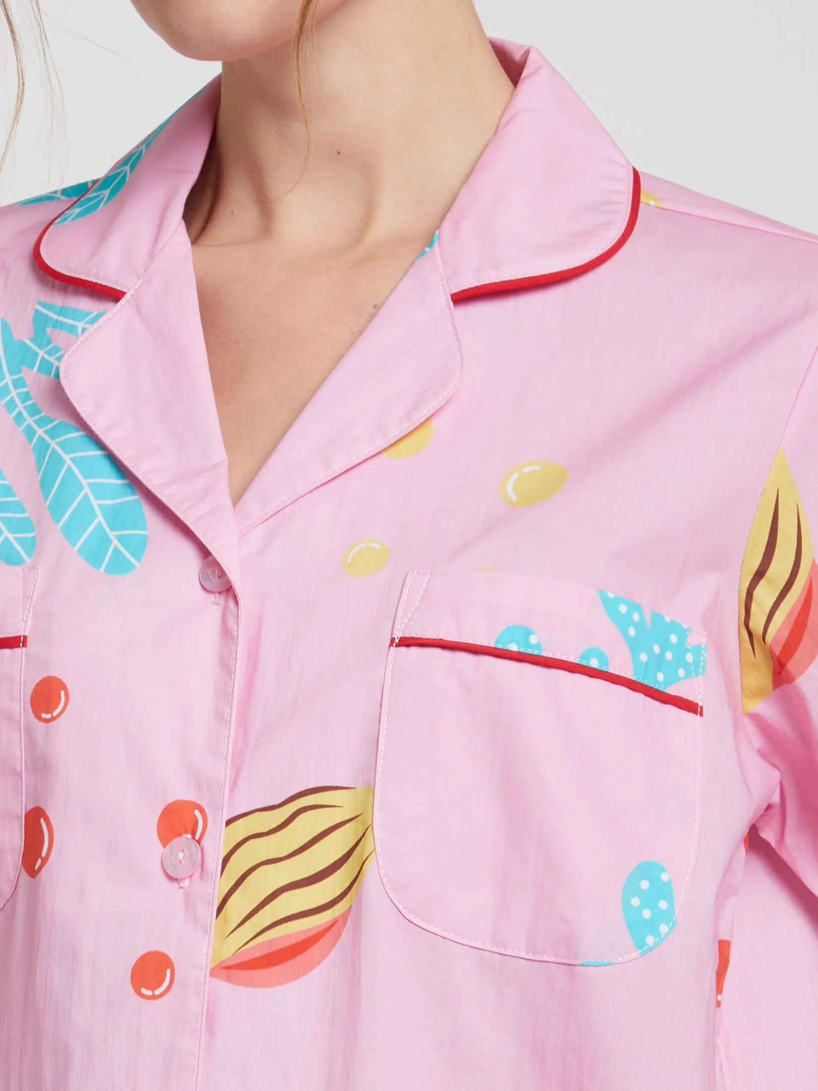 FOF Women Pyjamas Shirt Short Sleeves Crew Neck + Pants Sea Print Pink