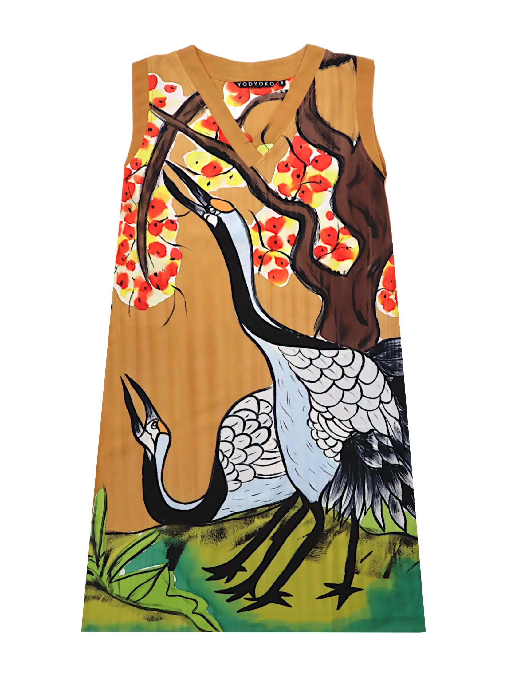 YODYOKO Woman Sleeveless Dress - Brown : Twin Cranes of Fortune Size - L