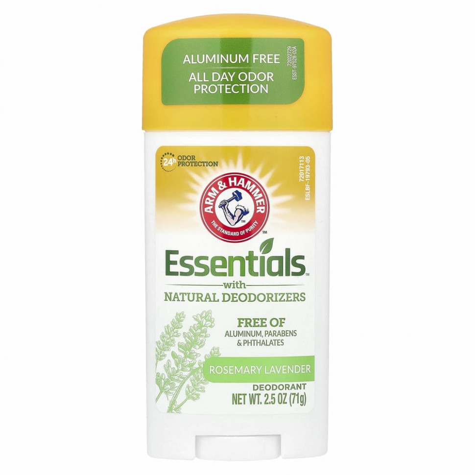 Arm & Hammer, Essentials, дезодорант с натуральными дезодорирующими компонентами, розмарин и лаванда, 71 г (2,5 унции) - ARH-19793-Без запаха|71 г