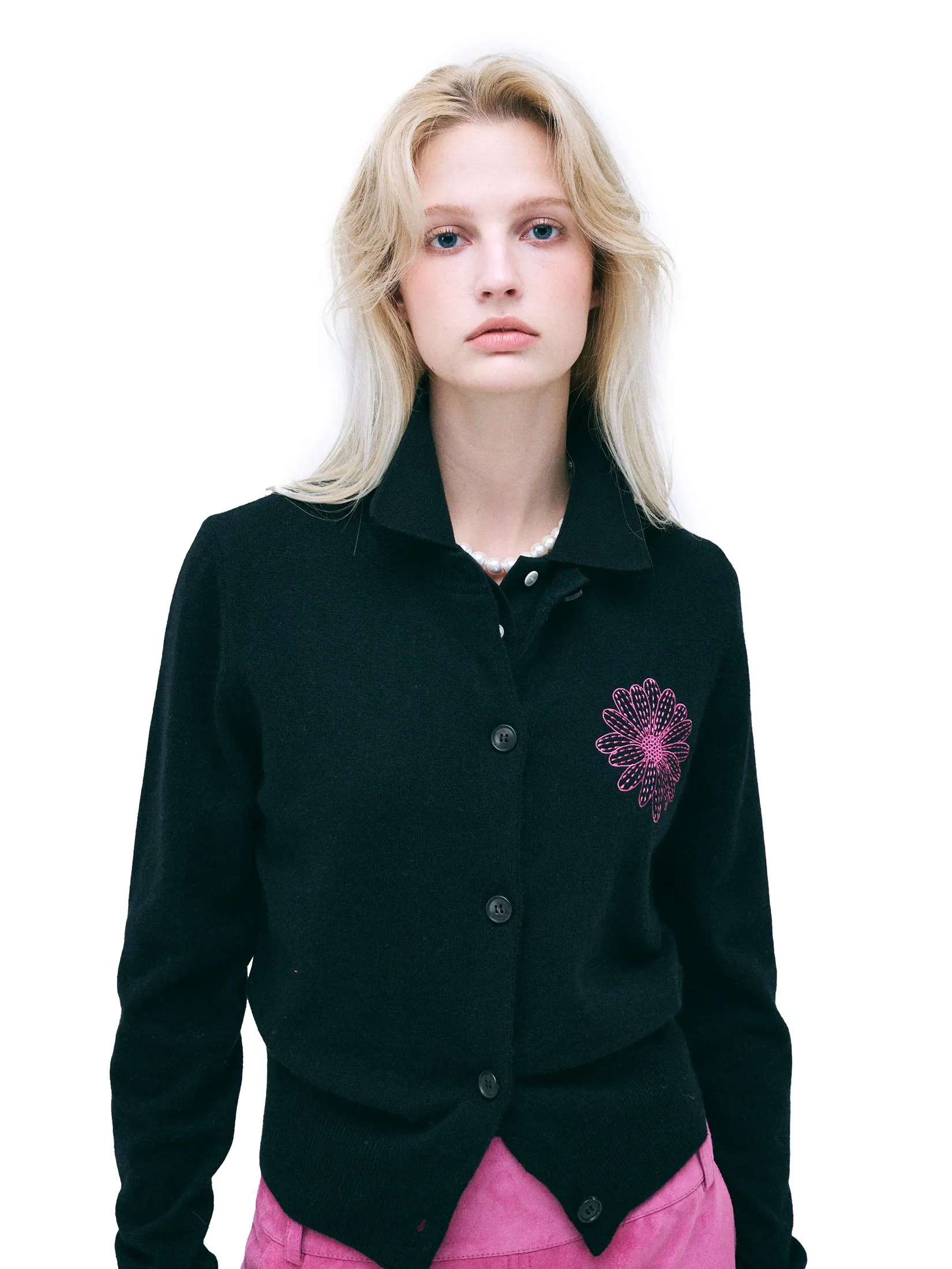 MARDI MERCREDI Raccoon Blended Cardigan Round Neck Black Fuchsia F