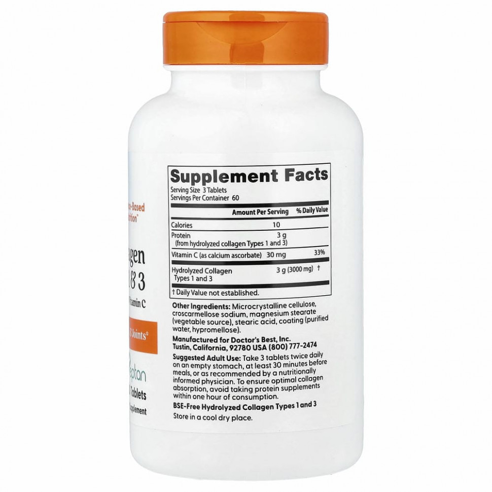 Doctor's Best, коллаген типа 1 и 3 с Peptan и витамином C, 1000 мг, 180 таблеток