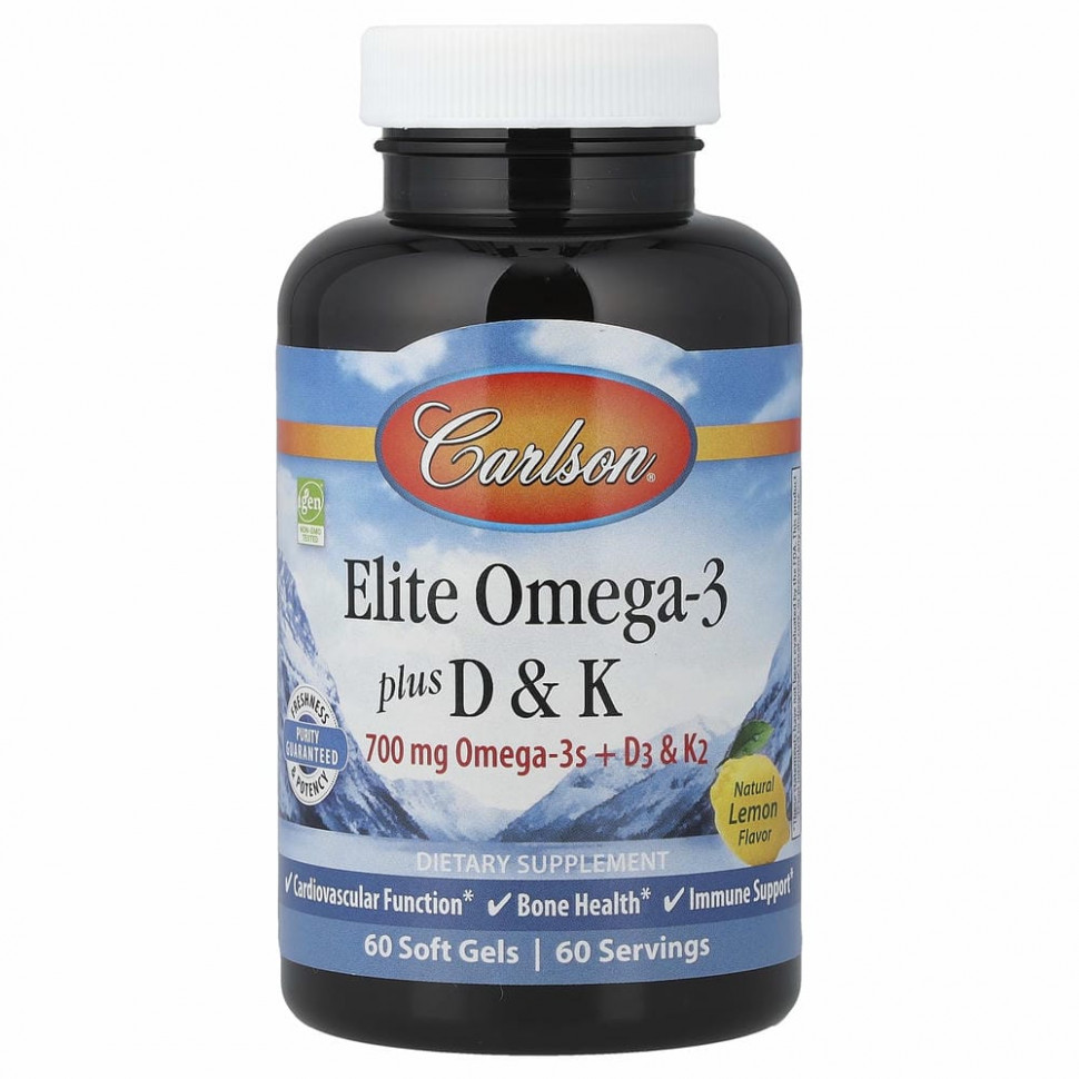 Carlson Labs, Elite Omega-3 с витаминами D и K, натуральный вкус лимона, 60 мягких таблеток