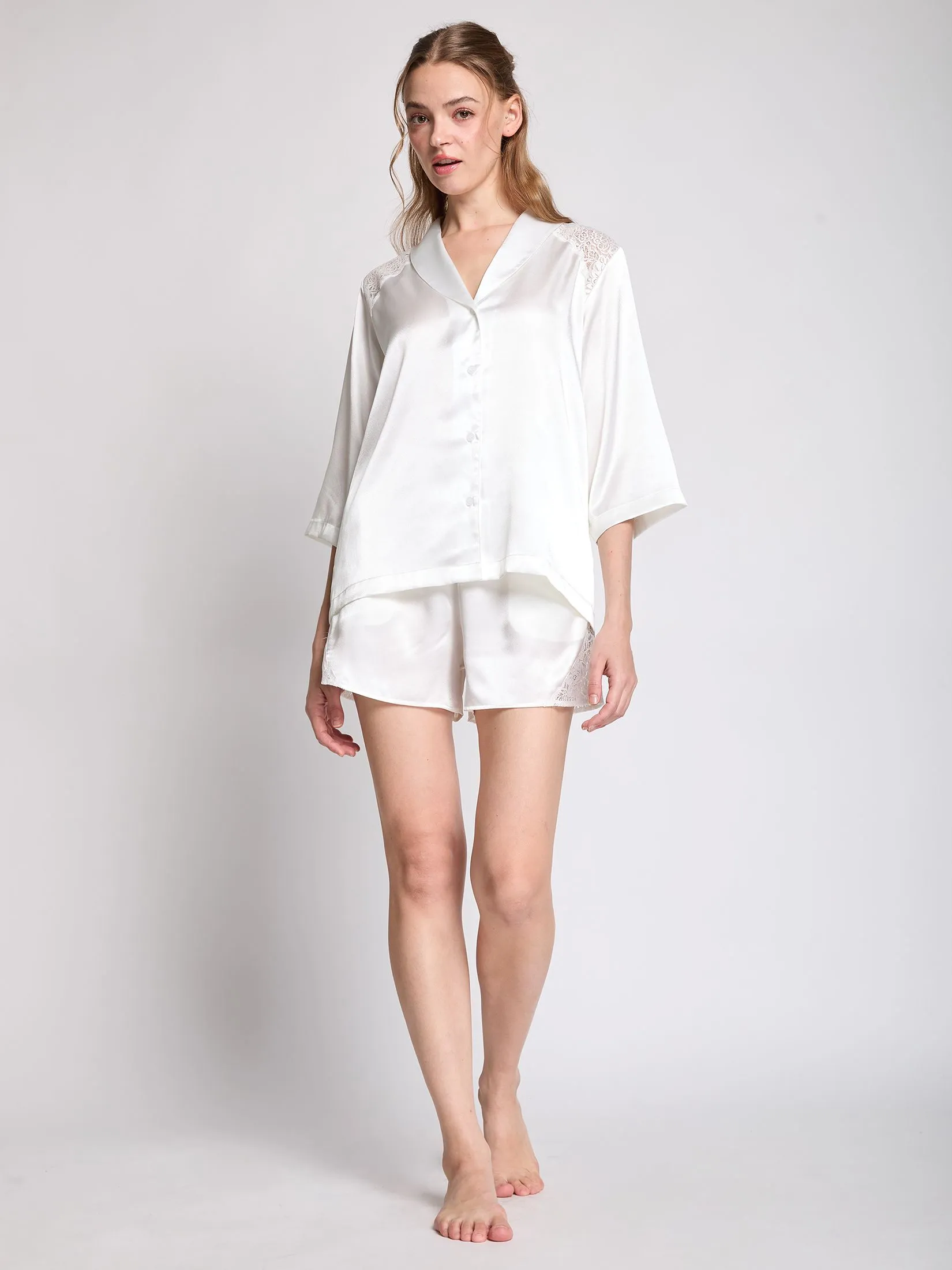 MARIA VICTORIA Women Pyjamas Shirt Cropped Sleeves + Shorts Off White
