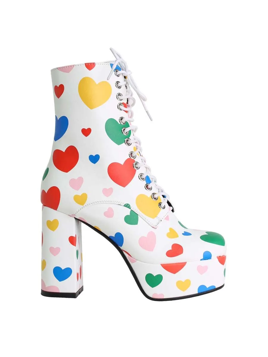 VILLAINS SF Y-I-LOVE-U-HEARTS Platform Boots WHITE MULTI