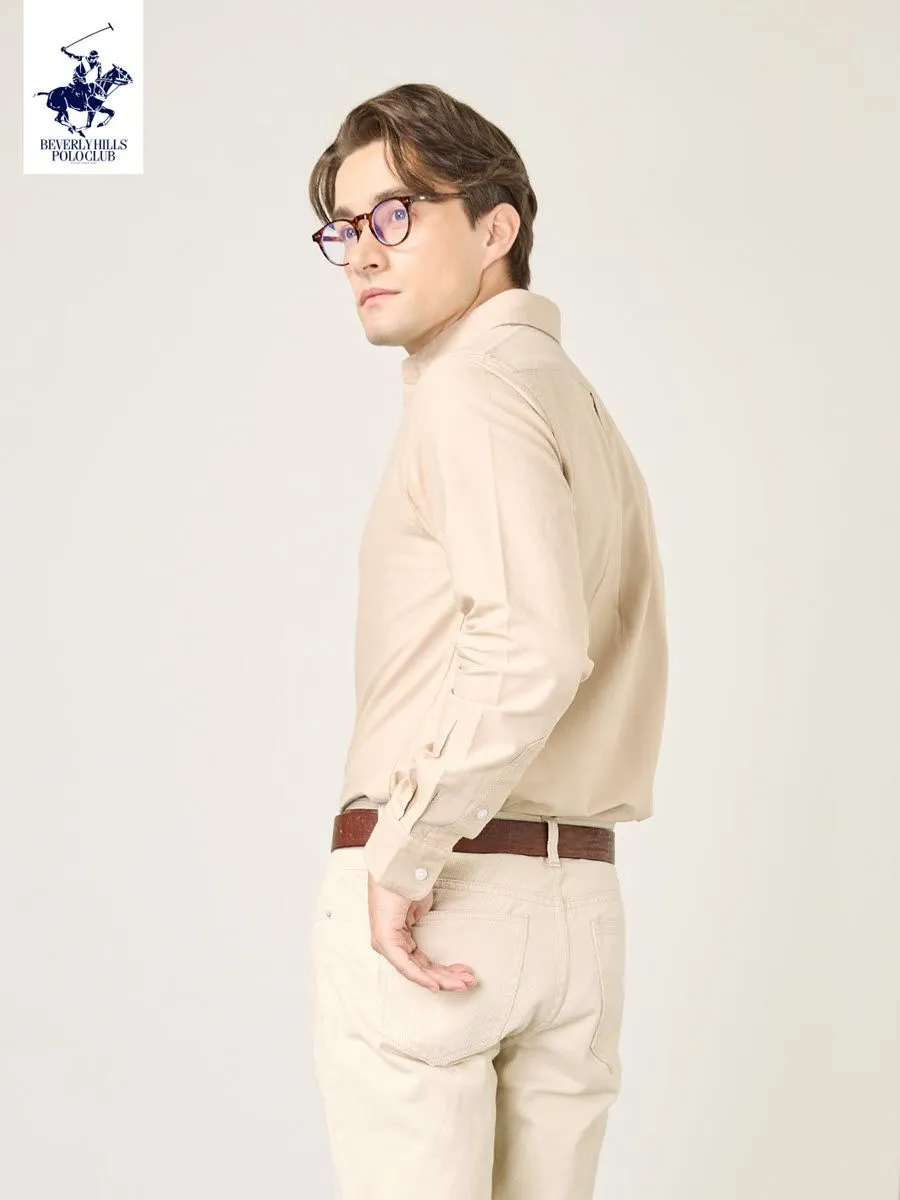 BEVERLY HILLS POLO CLUB Men Oxford Relax Fit Shirt Long Sleeve, Light Brown