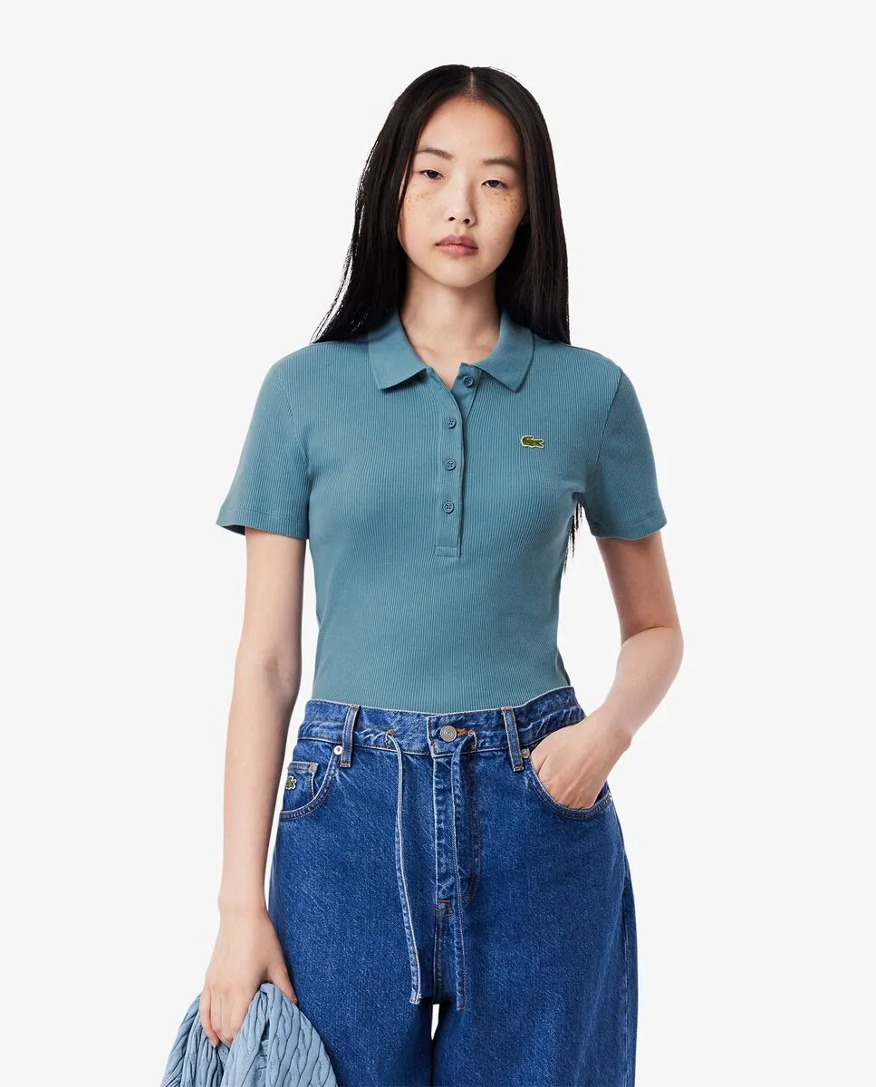 LACOSTE Slim Fit L.12.D Ribbed Cotton Polo Shirt Blue