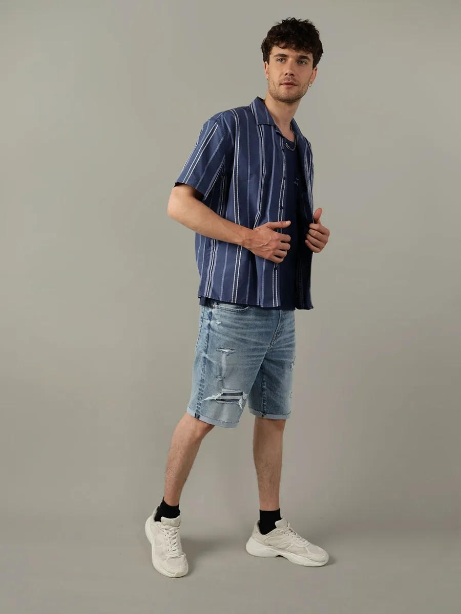AMERICAN EAGLE MEN ALVIN DOBBY SS OVERSIZED CAMP COLLAR DOBBY SHIRT 445 INDIGO WATERS Size - 3XL