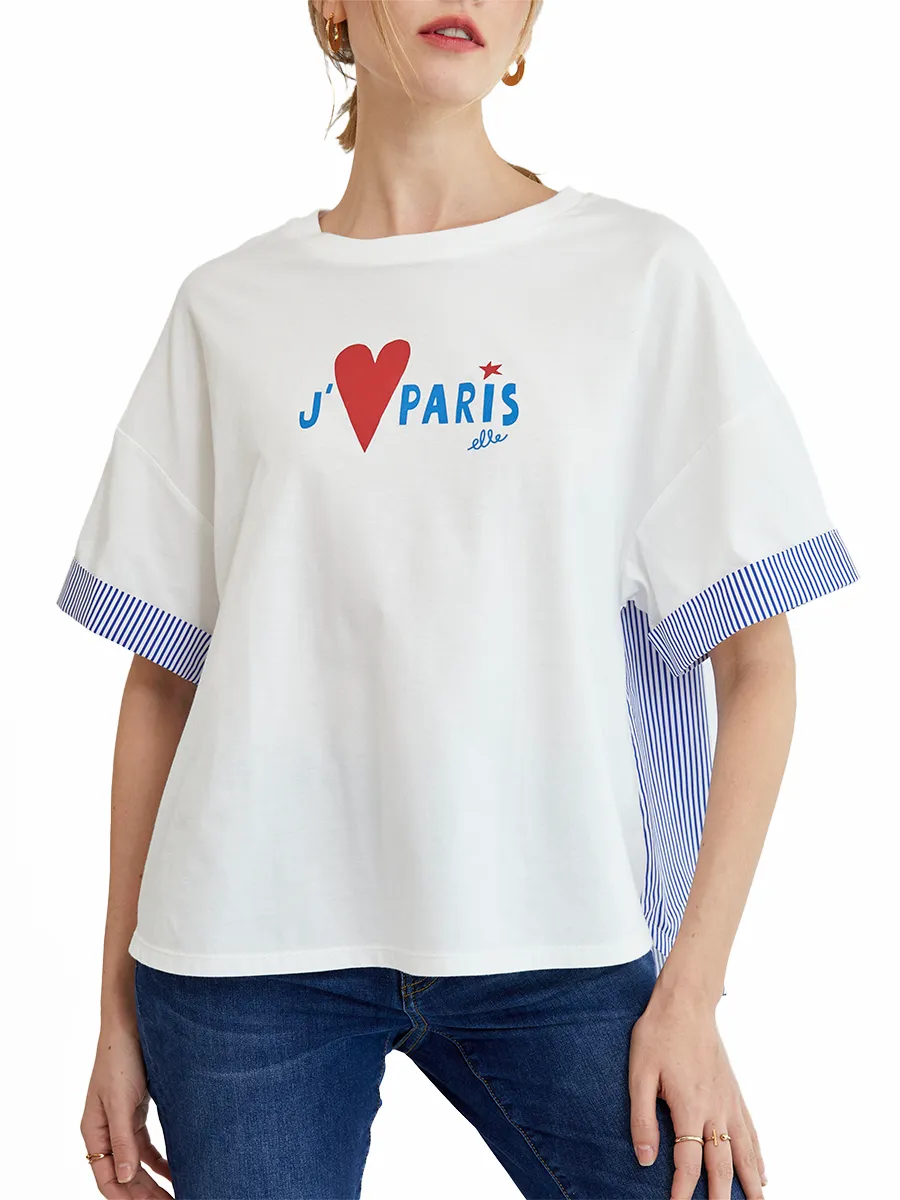 ELLE White Women OVERSIZE T-SHIRT GRAPHIC PRINTED W3K689 COLLECTION BEPARIS