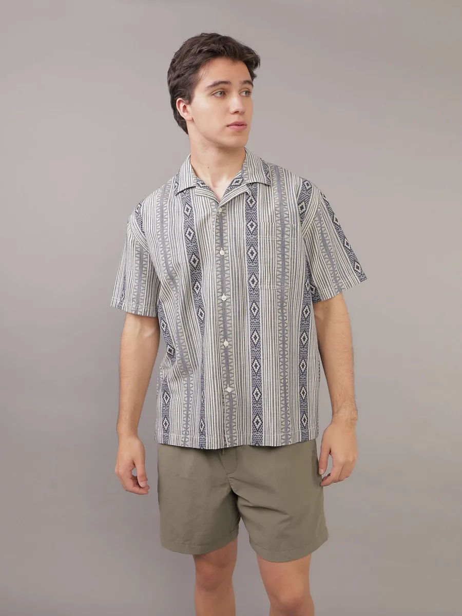 AMERICAN EAGLE MEN SS OVERSIZED CAMP COLLAR HORATIO DOBBY 425 STEEL BLUE