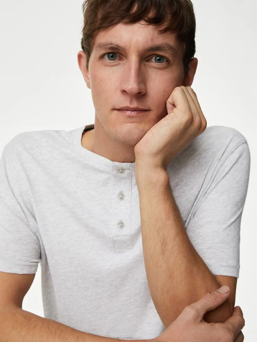 MARKS & SPENCER Men Pyjama T-Shirt + Shorts Set Pure Cotton Checked T4_Grey Mix