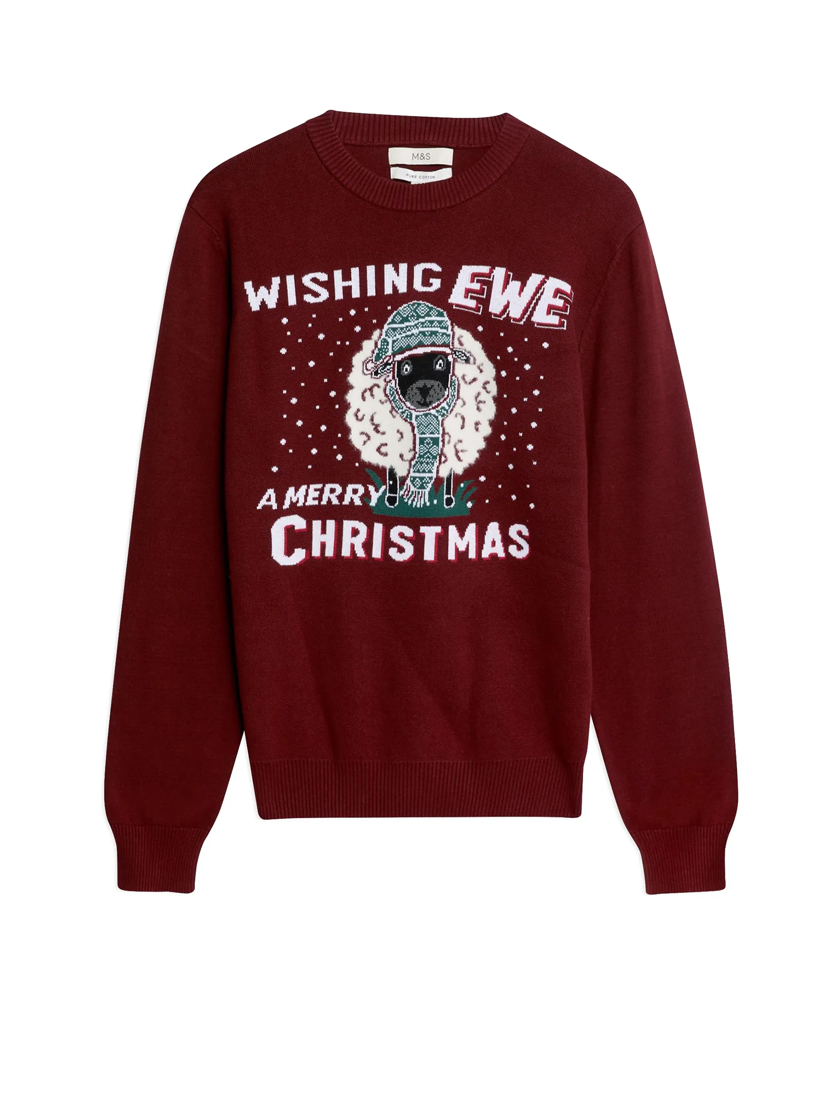 MARKS & SPENCER Men Jumper Pure Cotton Crew Neck Christmas Red Mix