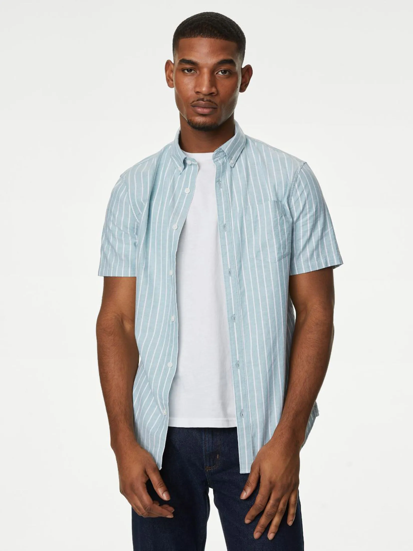 MARKS & SPENCER Men Shirt Pure Cotton Striped Oxford J4_Green Mix