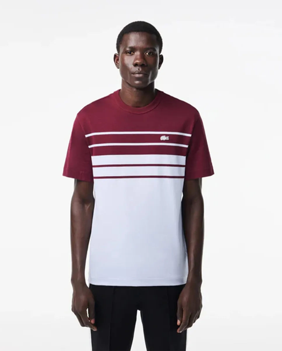 LACOSTE French Made Striped Jersey T-Shirt Light Blue/Bordeaux