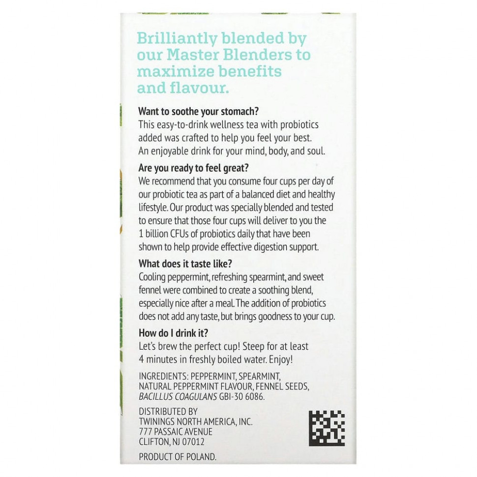 Twinings, Probiotics, травяной чай, перечная мята и фенхель, без кофеина, 18 чайных пакетиков, 36 г (1,27 унции)