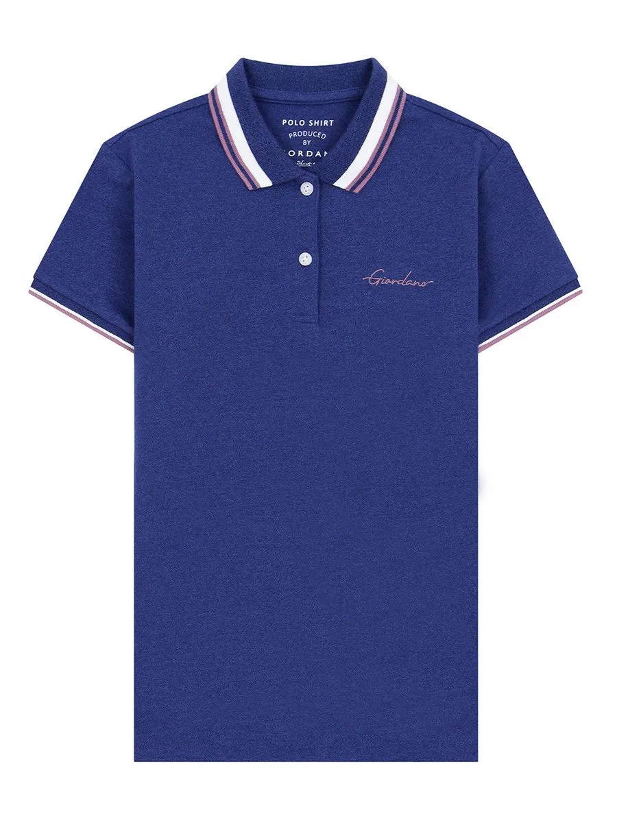GIORDANO Women's Signature Pique Embroidery Solid Polo Melange Key Largo Blue