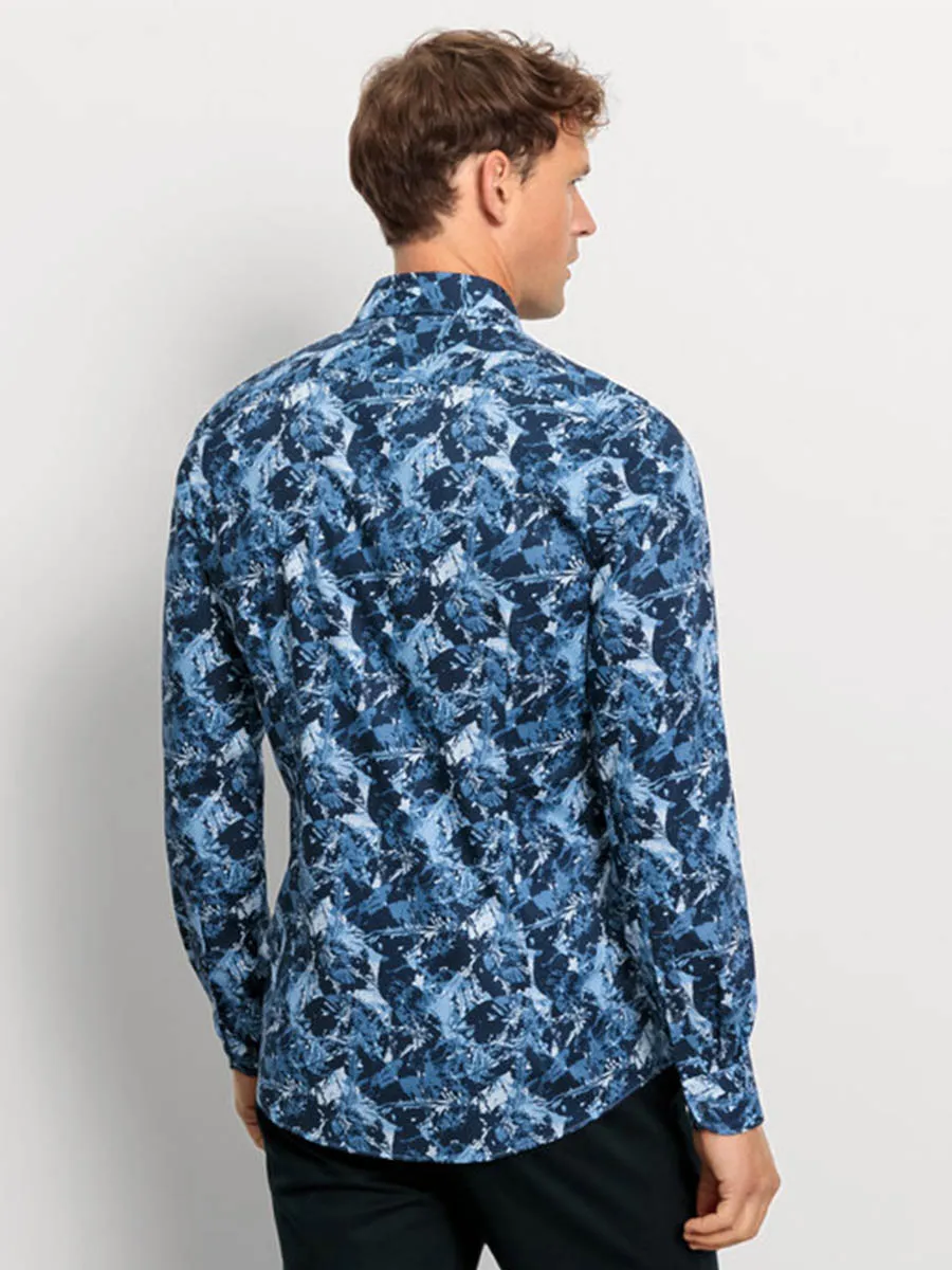 OLYMP MEN SHIRT LONG SLEEVES BUSINESS SHIRT BODY FIT BLUE GRAPHIC PRINT