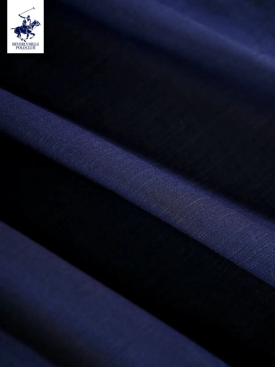 BEVERLY HILLS POLO CLUB Men Cotton Linen Relax Fit Shirt Long Sleeve, Dark Blue