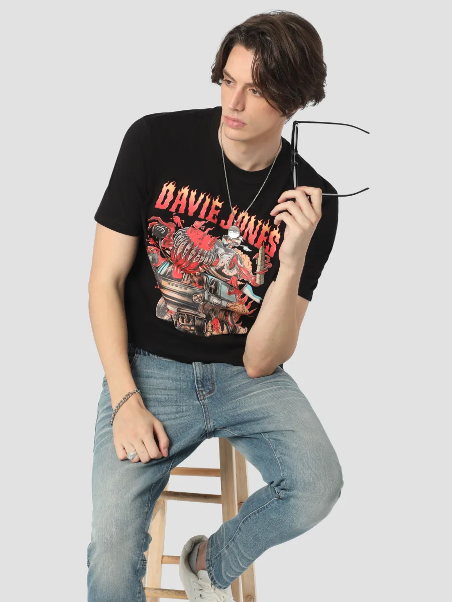 DAVIE JONES Men's Graphic Regular Fit T-Shirt Black