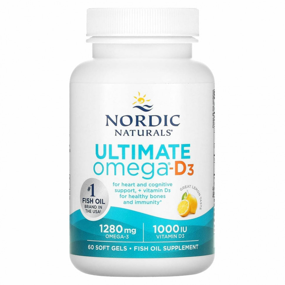 Nordic Naturals, Омега-D3 Ultimate, лимон, 1000 мг, 60 гелевых капсул
