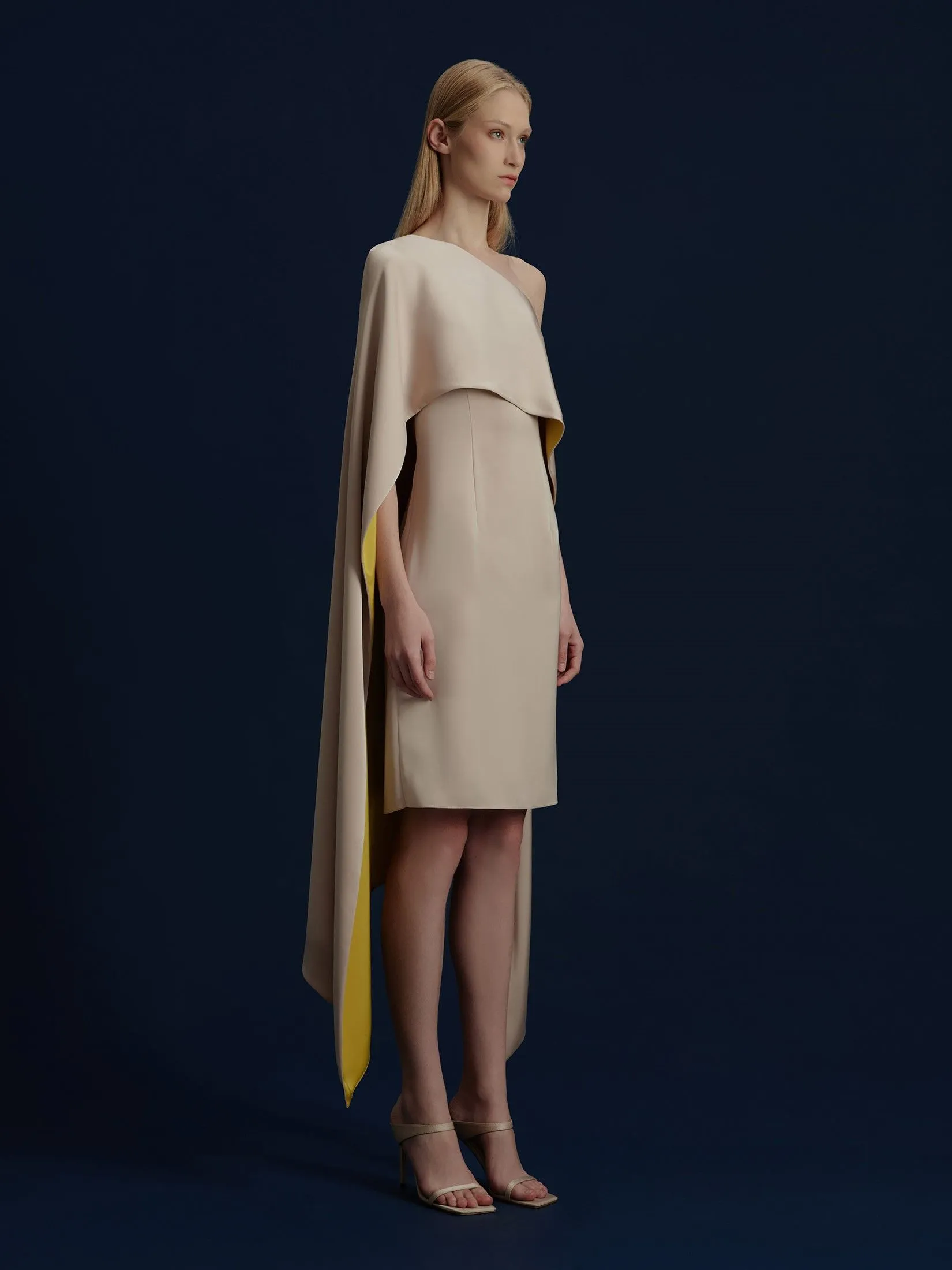 ASAVA ( AW24 ) Isha One-Shoulder Cape Women Dress Beige