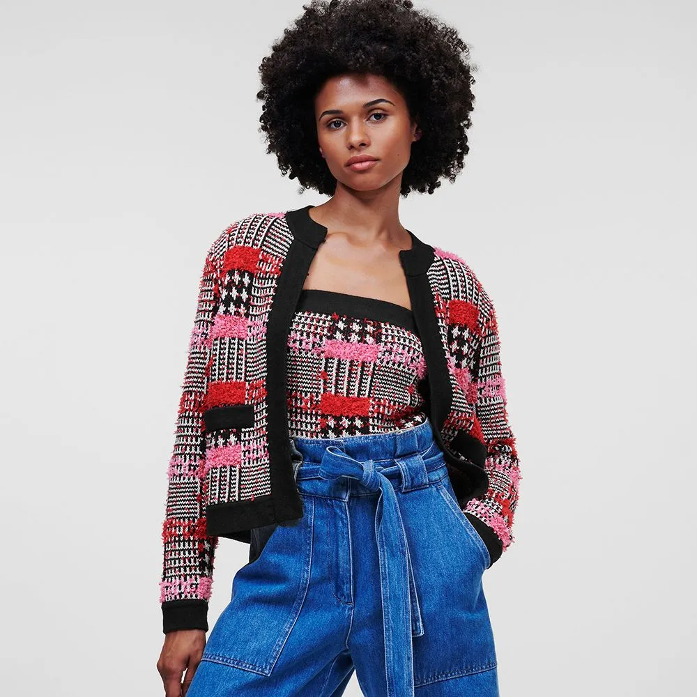 KARL LAGERFELD BOUCLÉ CARDIGAN BOUCLE PINK CHECK