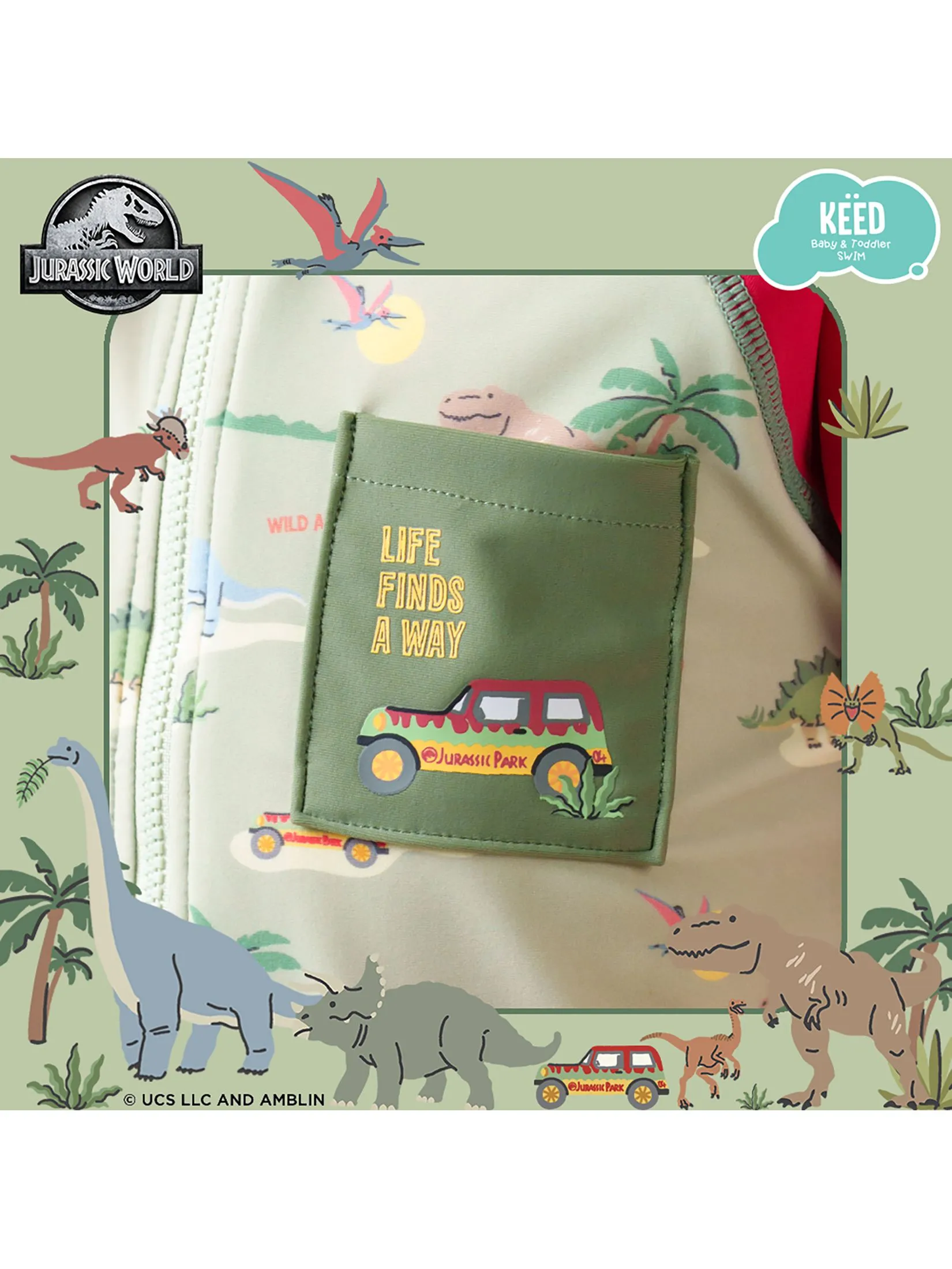 KEED Boy Swimsuit Short Sleeves Jurassic World Khaki Green