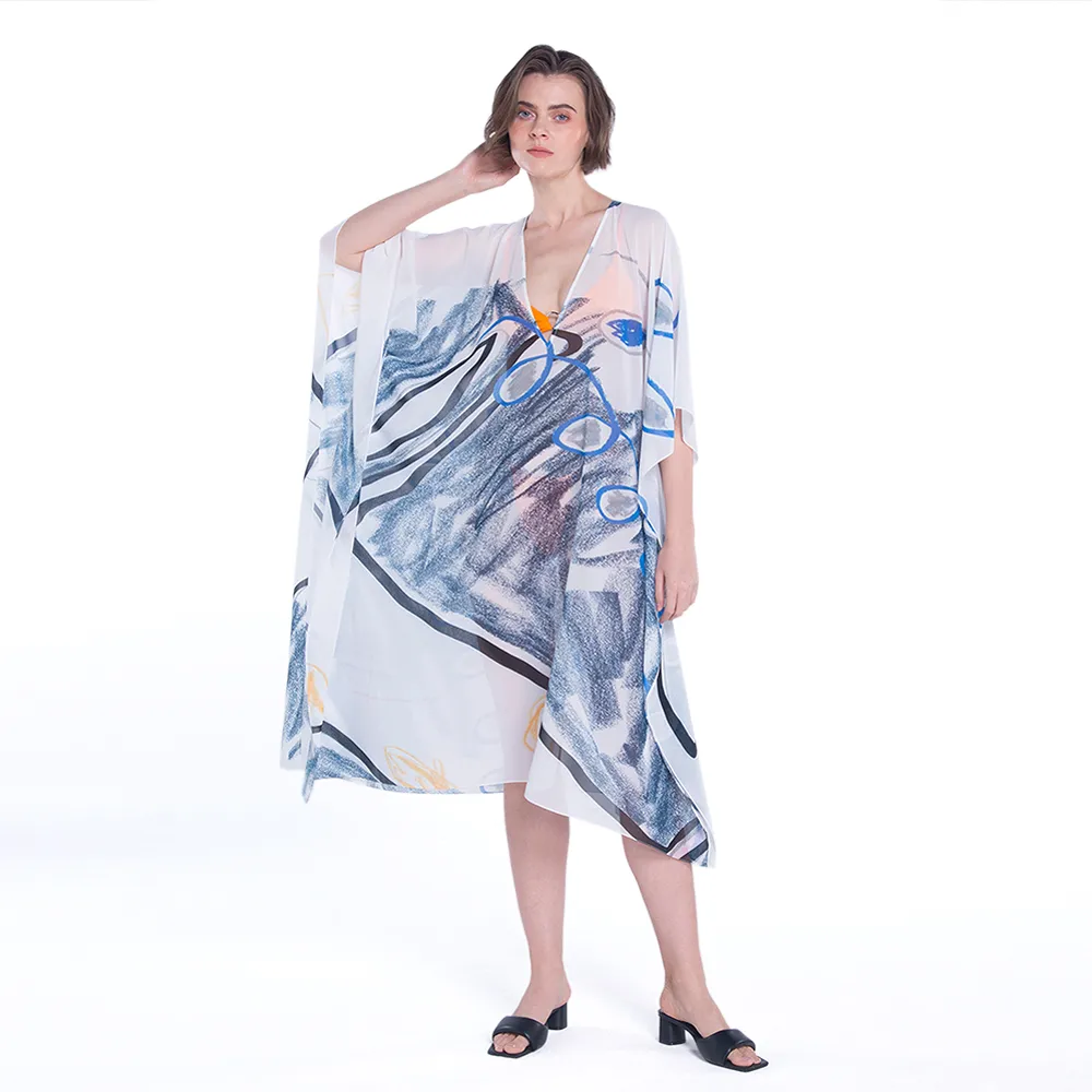 ANGELYS BALEK MULTICOLOR DEEP-V NECK COVER UP DRESS WOMEN SHORT KAFTAN Size - M